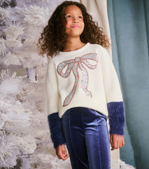 Hatley Girls Sequin Bow Fluffy Sleeve Sweater