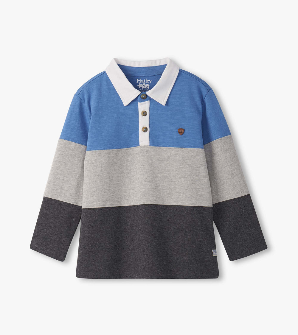 Hatley Boys Blue and Grey Color Block Long Sleeve Polo Shirt