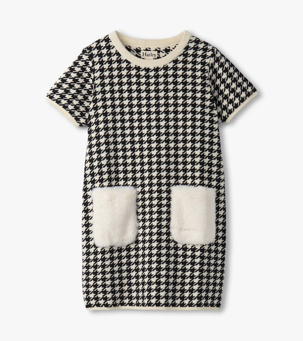 Hatley Girls Houndstooth Sweater Dress with Faux Fur Pockets