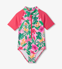 Hatley Girls Tropical Flowers Short Sleeve One-Piece Rashguard Swimsuit