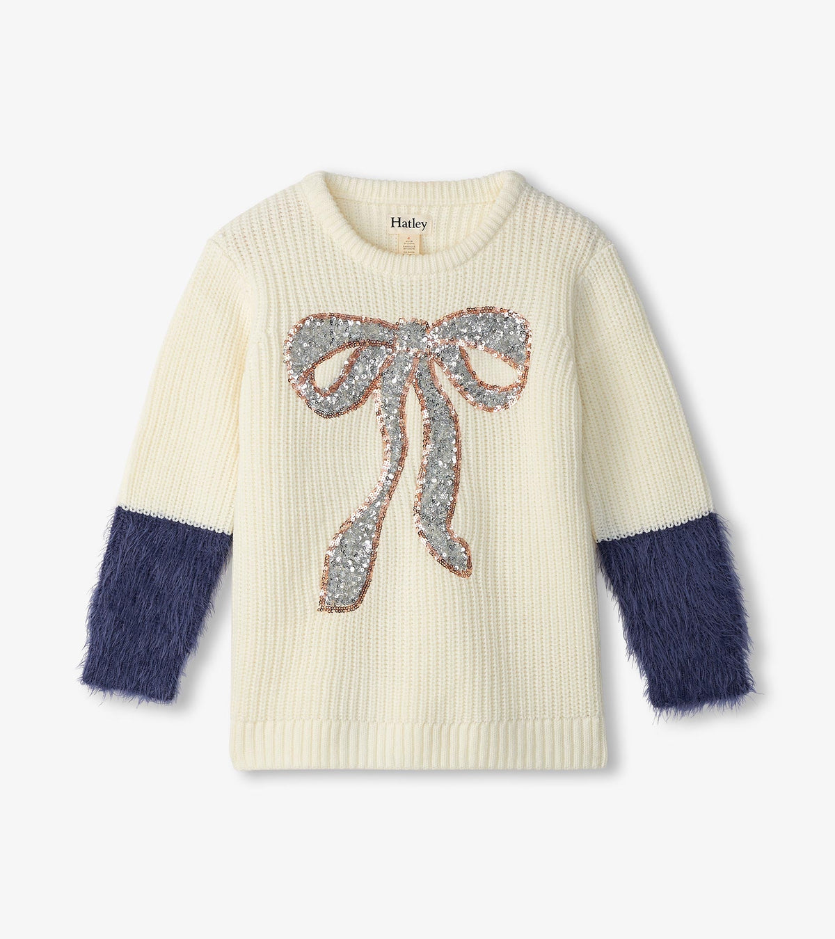 Hatley Girls Sequin Bow Fluffy Sleeve Sweater