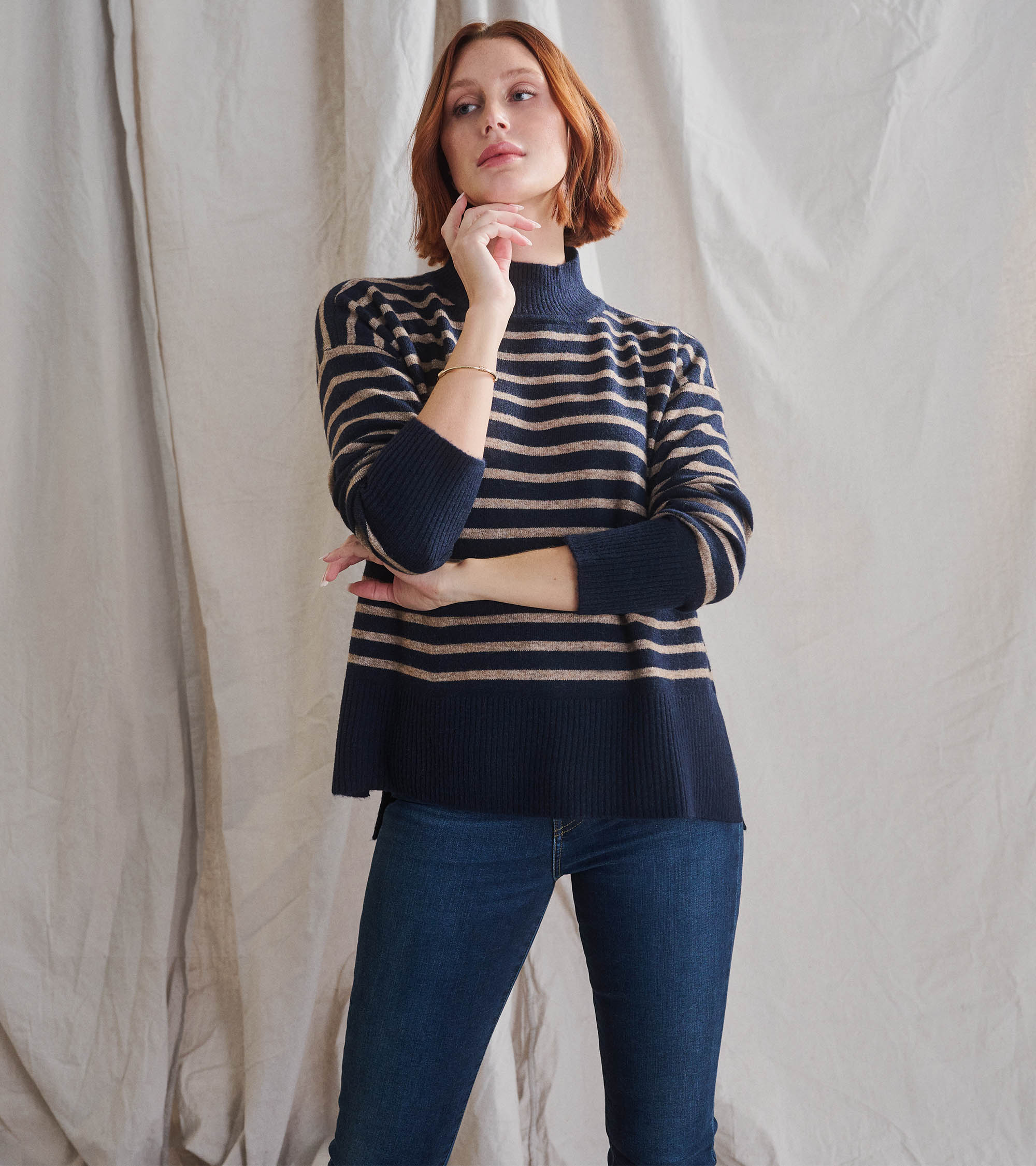Hatley Mock Neck Tunic - Navy Taupe Stripes