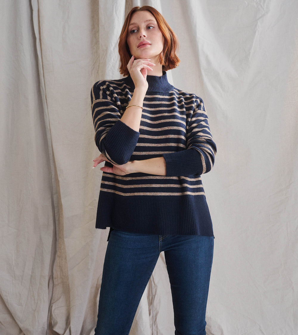 Hatley Mock Neck Tunic - Navy Taupe Stripes