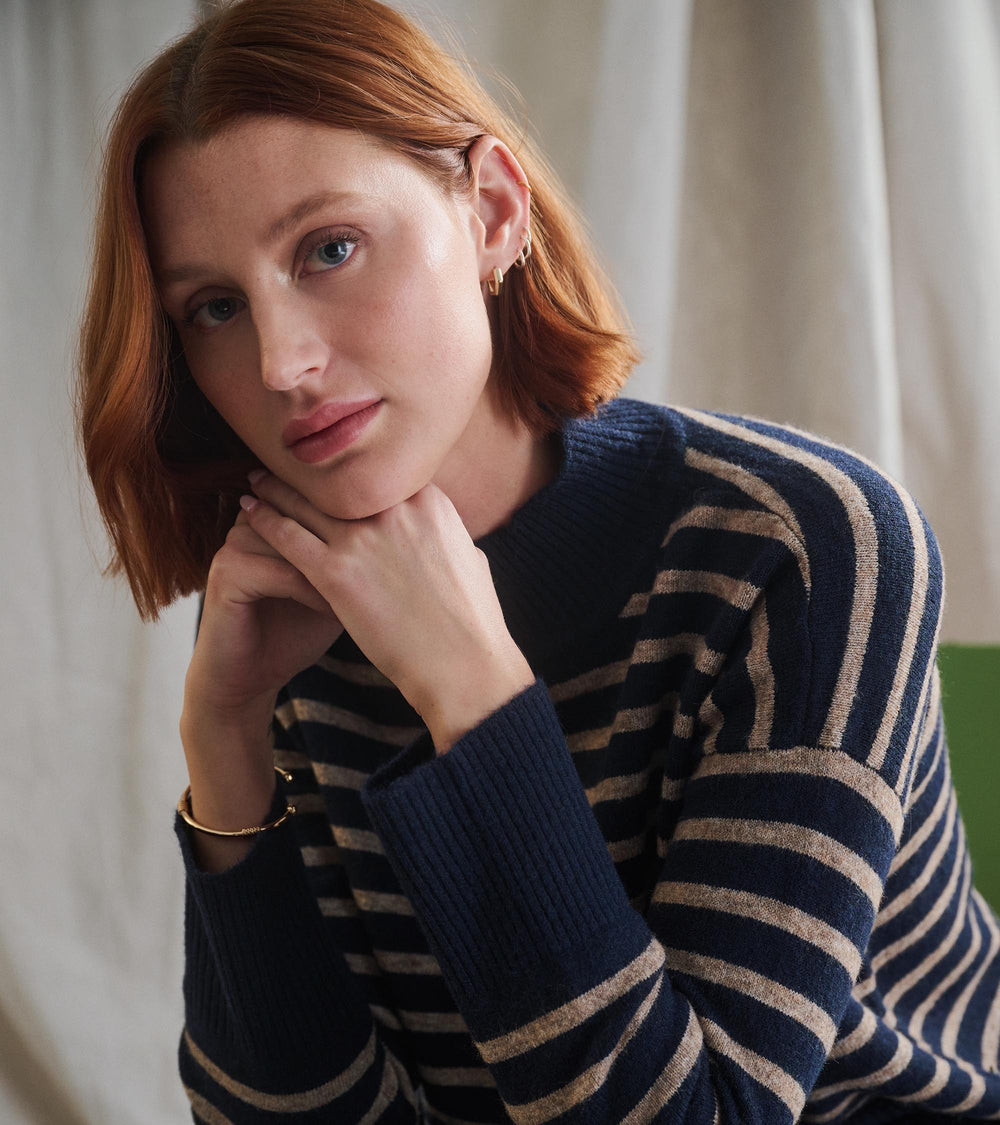 Hatley Mock Neck Tunic - Navy Taupe Stripes