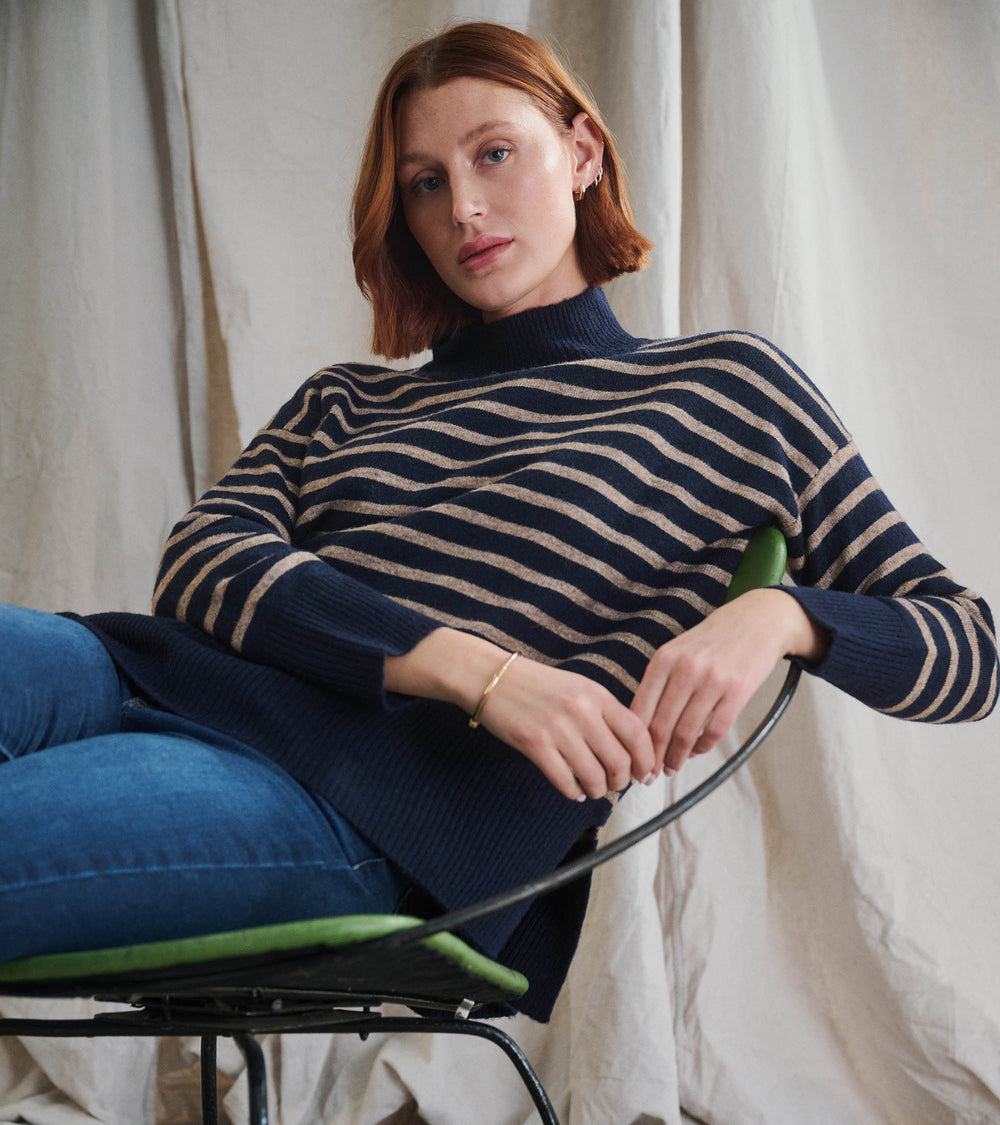 Hatley Mock Neck Tunic - Navy Taupe Stripes