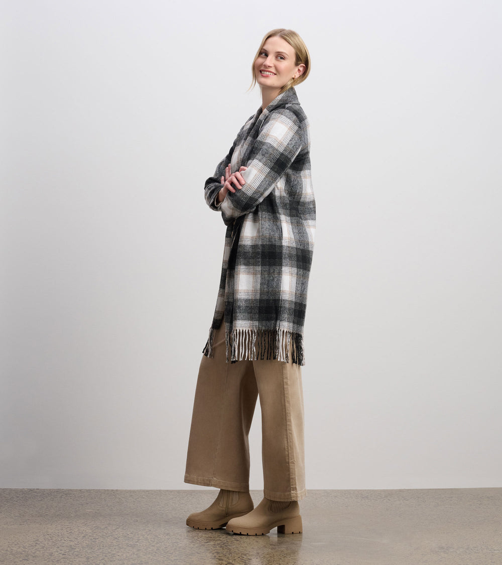 Hatley Fringe Jacket - Black and Taupe Plaid