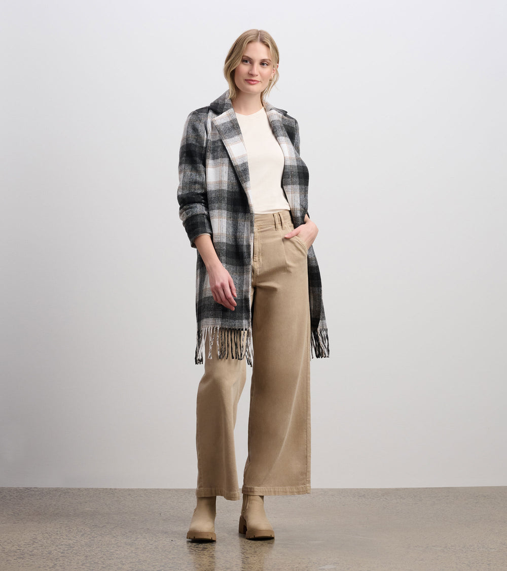 Hatley Fringe Jacket - Black and Taupe Plaid