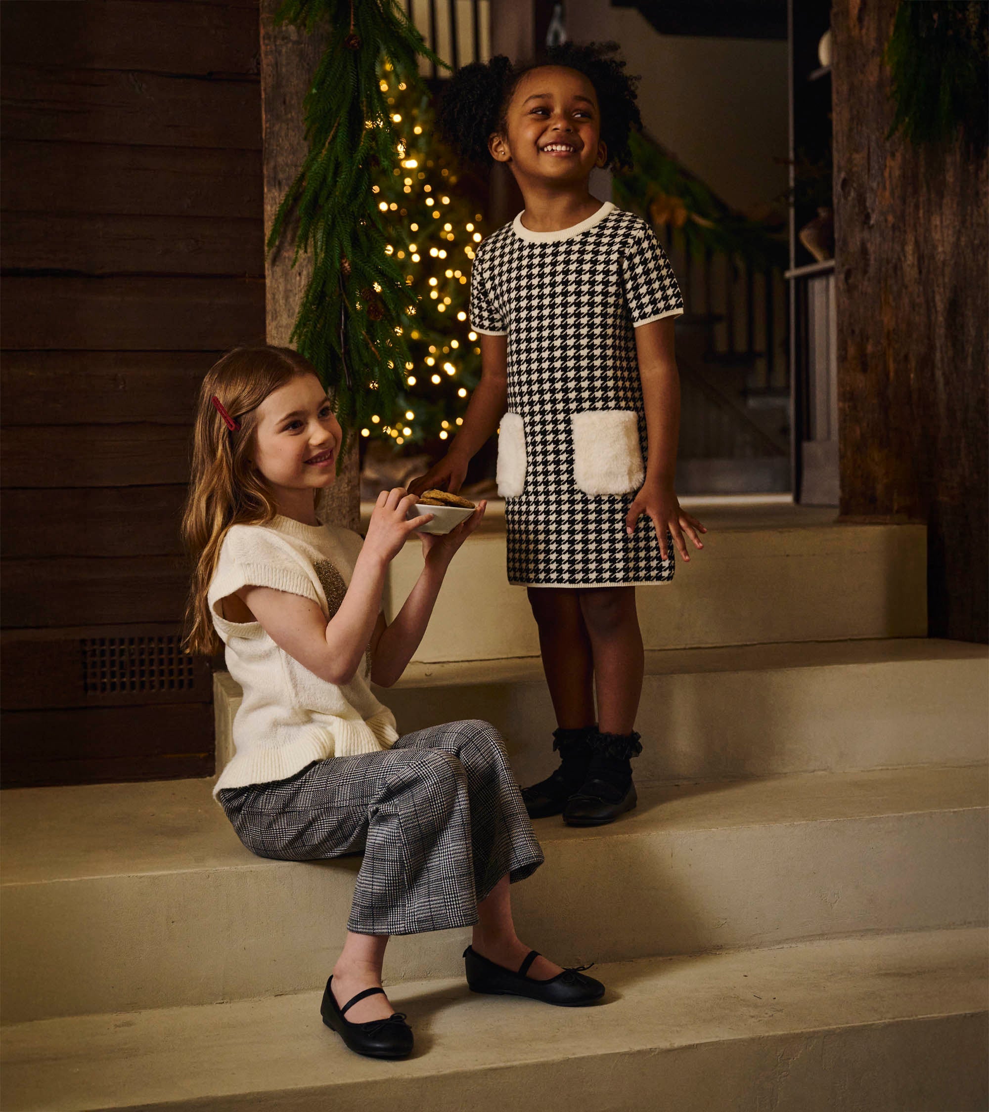 Hatley Girls Houndstooth Sweater Dress with Faux Fur Pockets