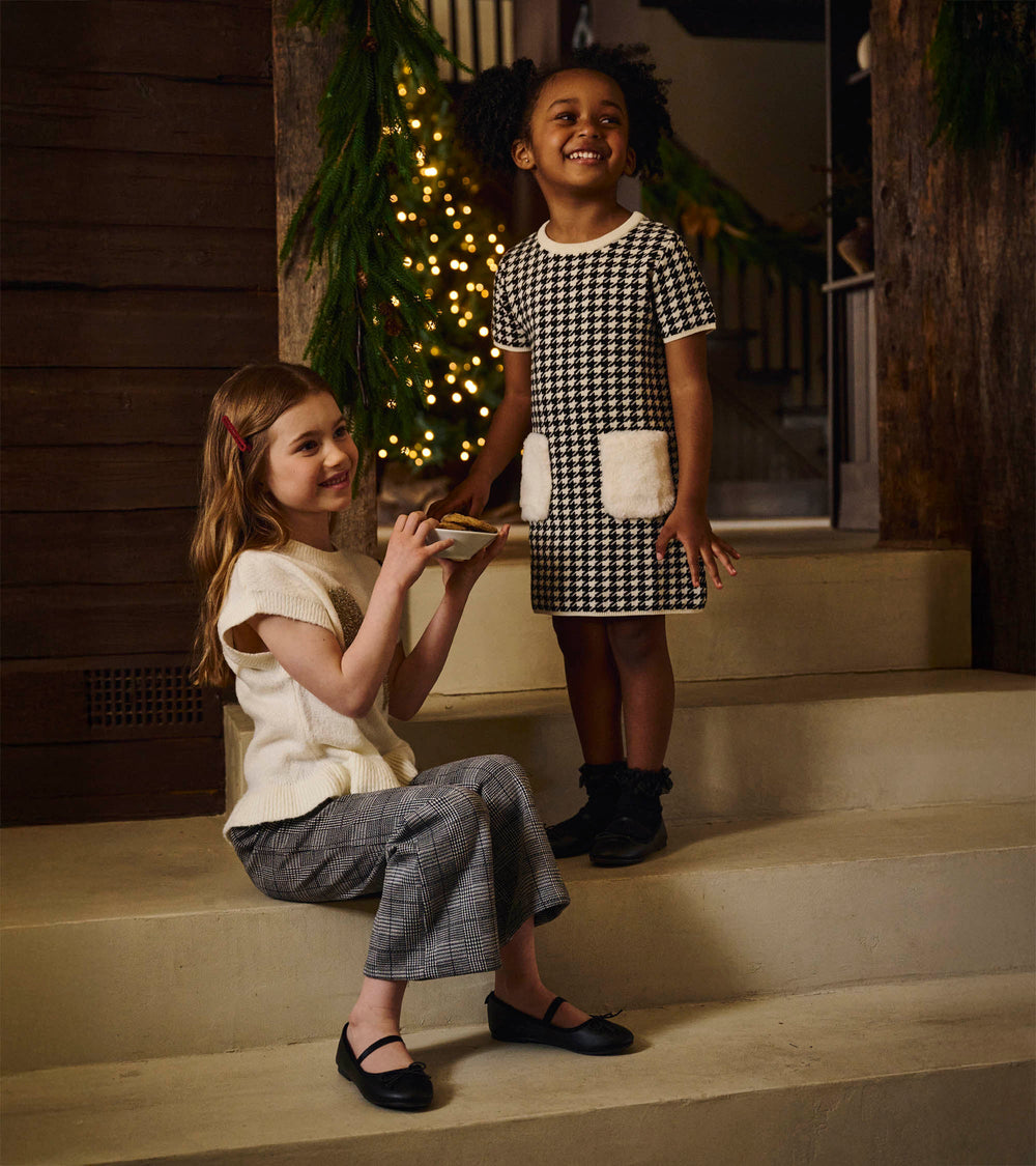 Hatley Girls Houndstooth Sweater Dress with Faux Fur Pockets