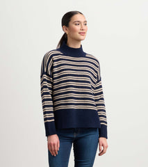 Hatley Mock Neck Sweater - Navy and Camel Stripe