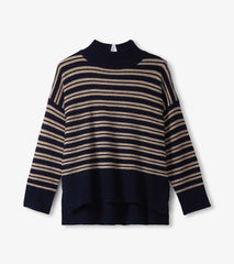 Hatley Mock Neck Sweater - Navy and Camel Stripe
