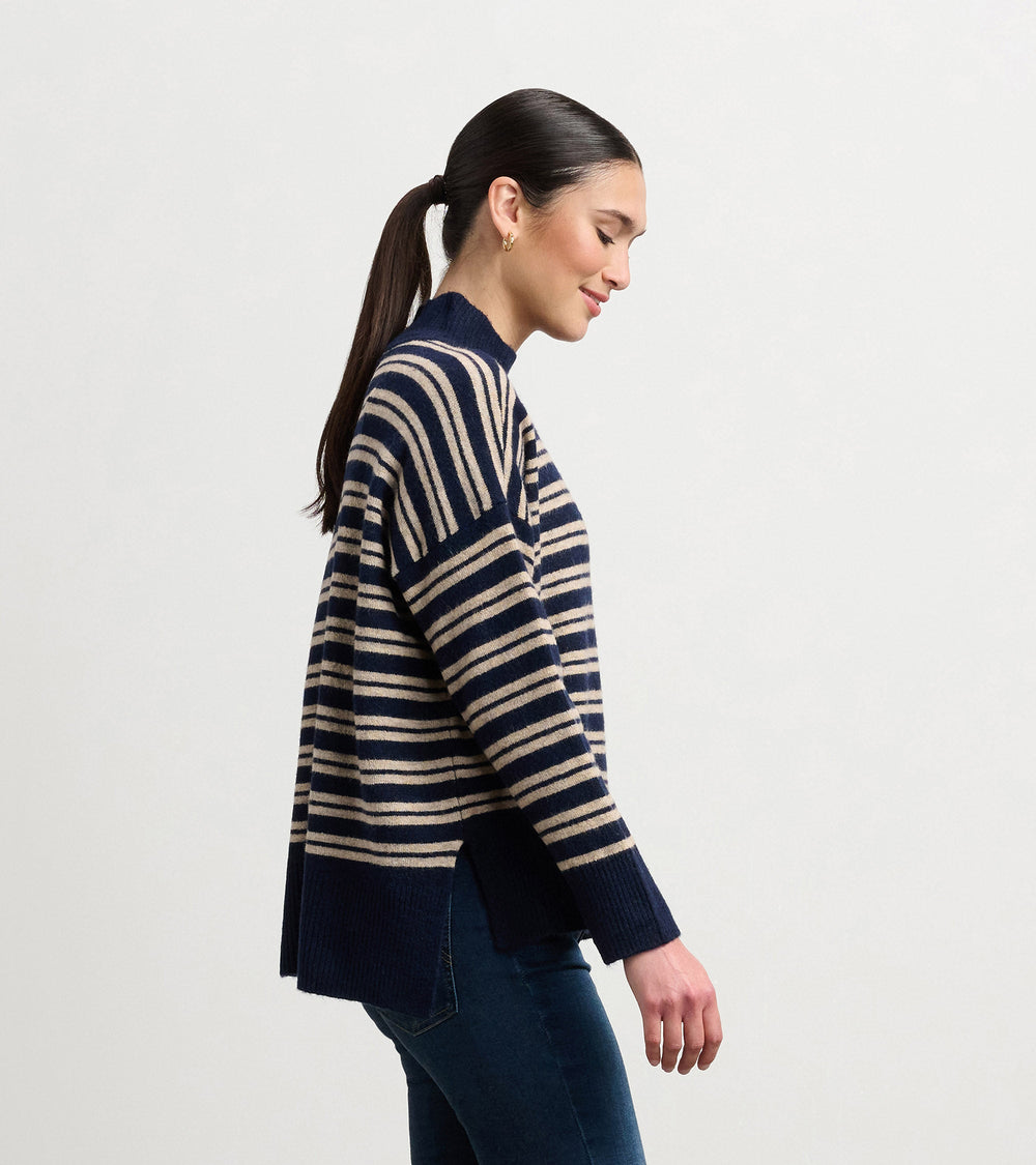Hatley Mock Neck Sweater - Navy and Camel Stripe