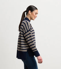 Hatley Mock Neck Sweater - Navy and Camel Stripe