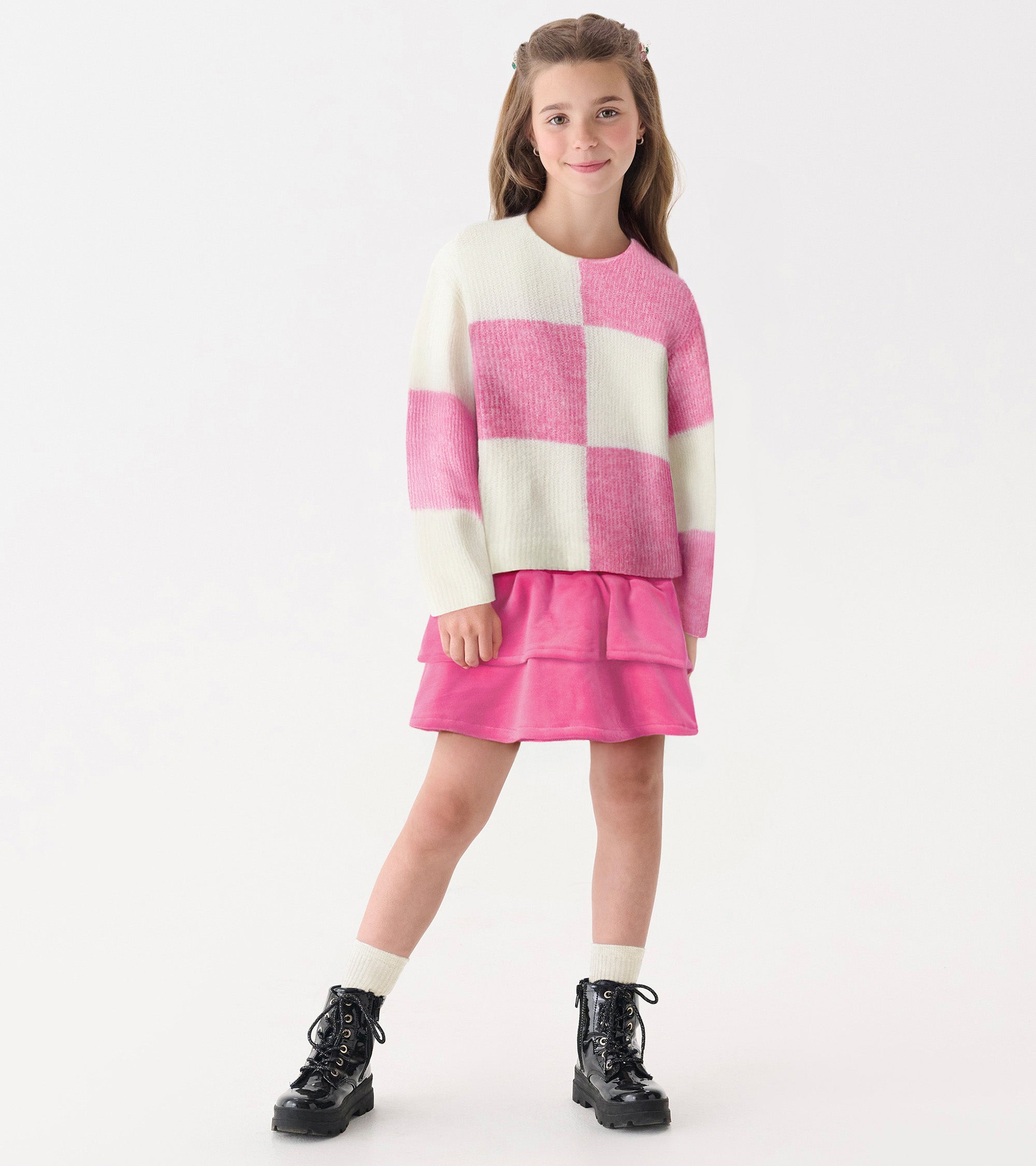Hatley Girls Sea Pink Check Drop Shoulder Sweater