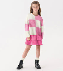 Hatley Girls Sea Pink Check Drop Shoulder Sweater