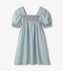 Hatley Girls Soft Blue Denim Puff Sleeve Smocked Dress