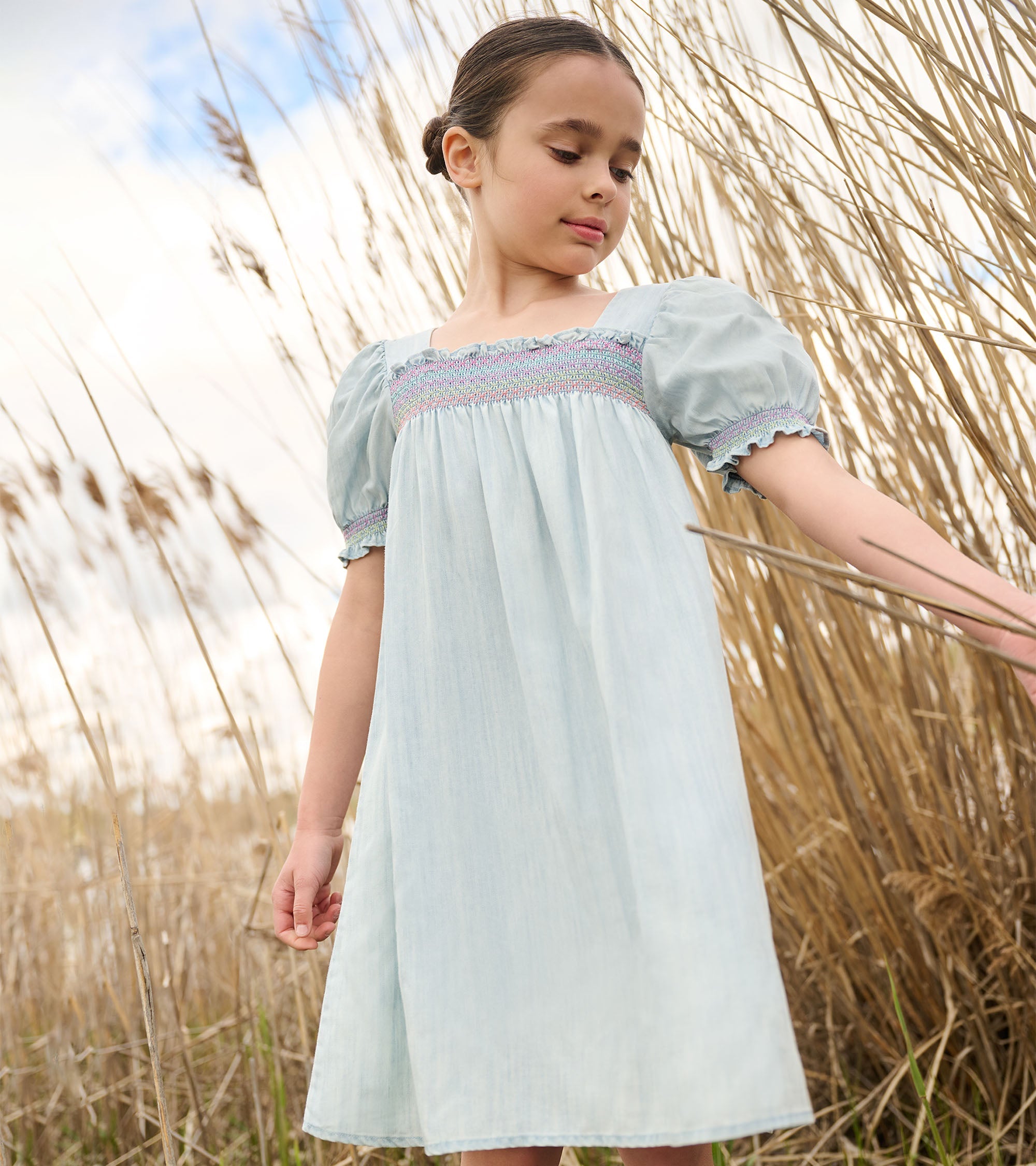 Hatley Girls Soft Blue Denim Puff Sleeve Smocked Dress