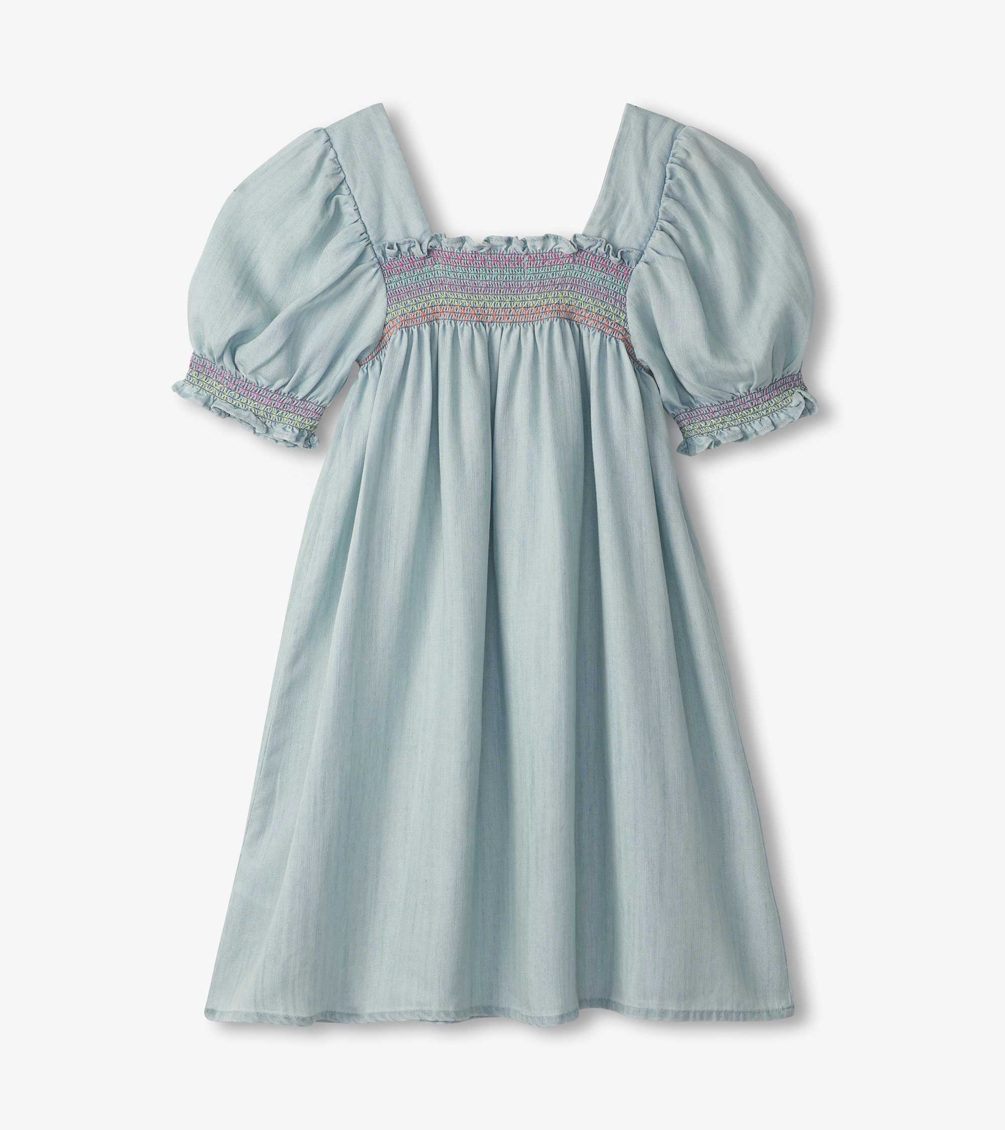Hatley Girls Soft Blue Denim Puff Sleeve Smocked Dress