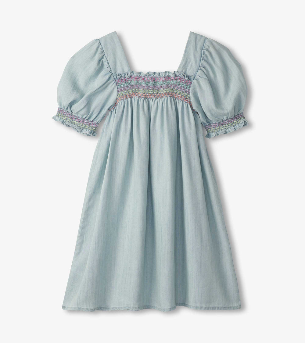 Hatley Girls Soft Blue Denim Puff Sleeve Smocked Dress