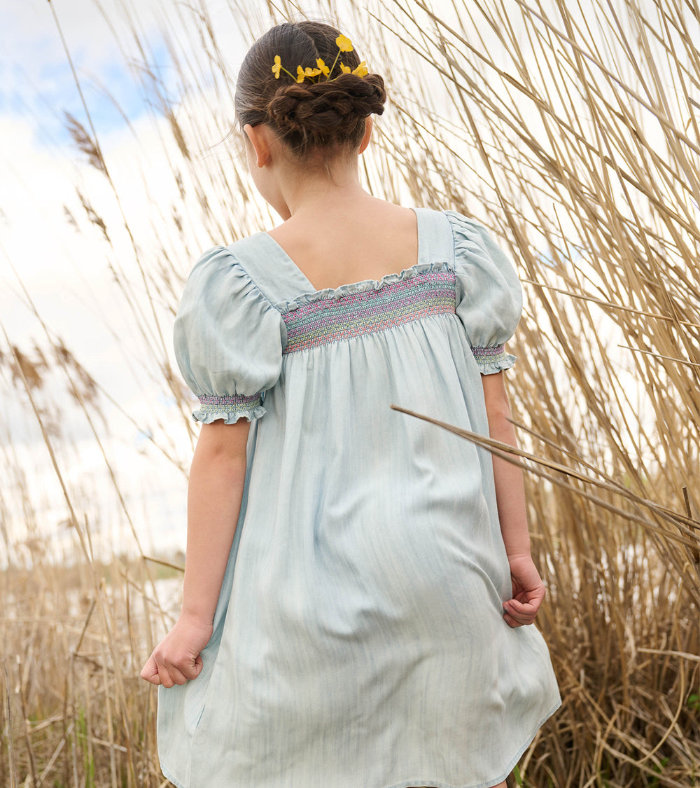 Hatley Girls Soft Blue Denim Puff Sleeve Smocked Dress