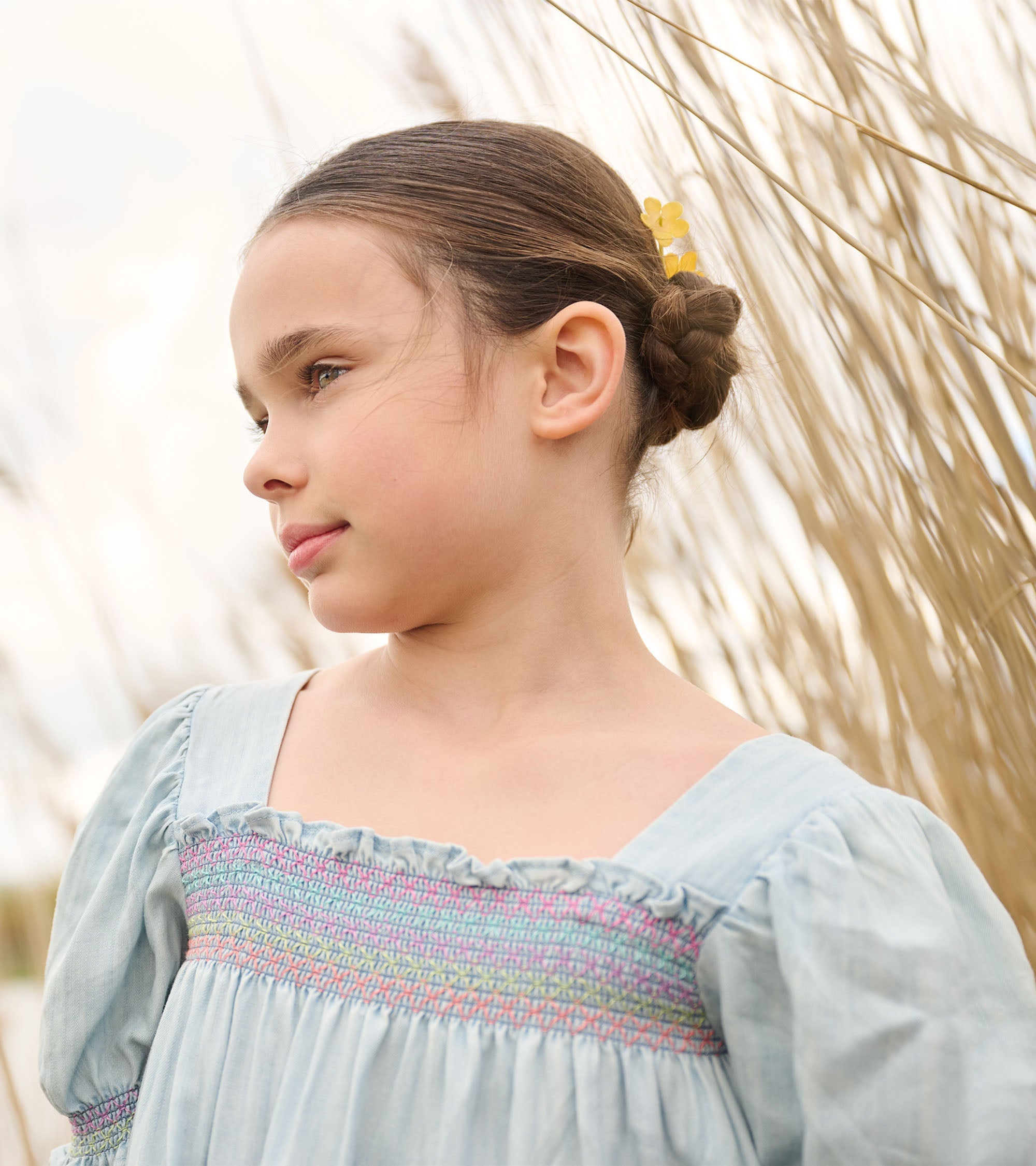 Hatley Girls Soft Blue Denim Puff Sleeve Smocked Dress