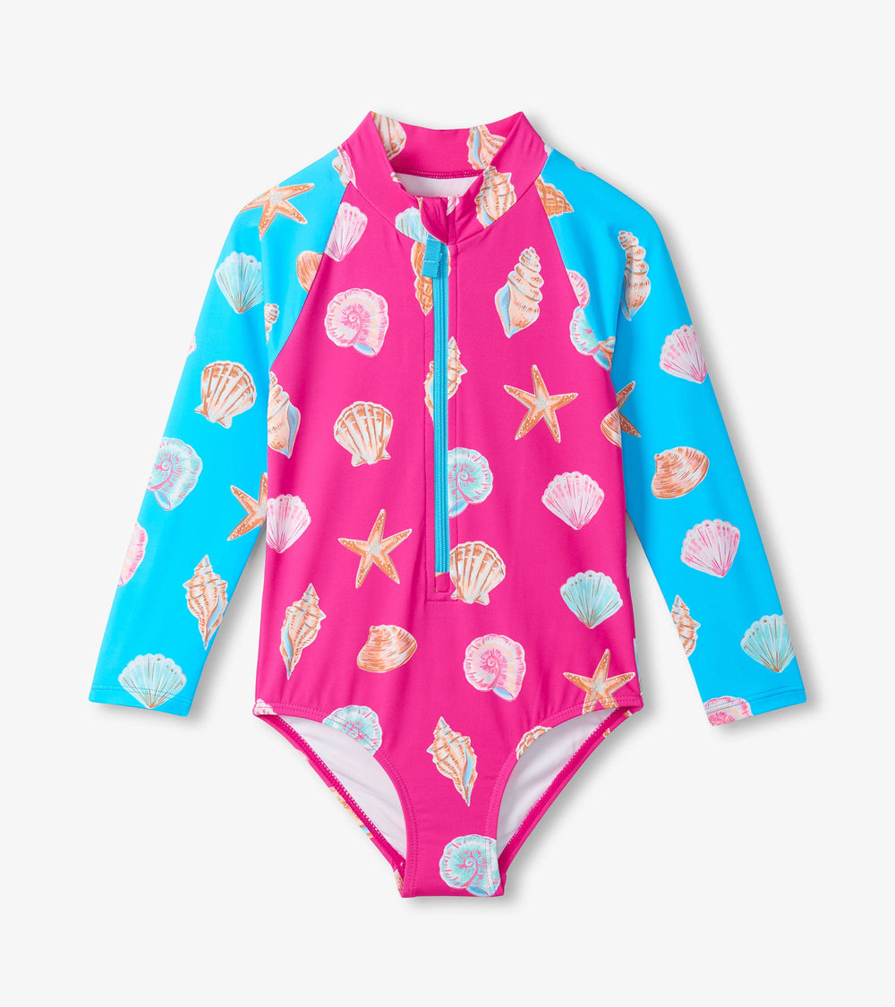 Hatley Girls Sea Shells Long Sleeve One-Piece Rashguard Swimsuit